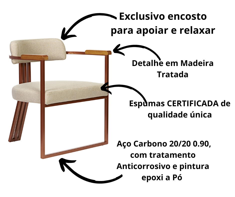 Kit 02 Poltronas Oregon Braço Madeira Linho Bege Estrutura Bronze