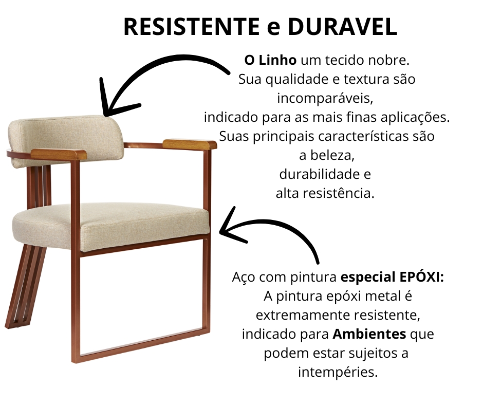 Kit 02 Poltronas Oregon Braço Madeira Linho Bege Estrutura Bronze