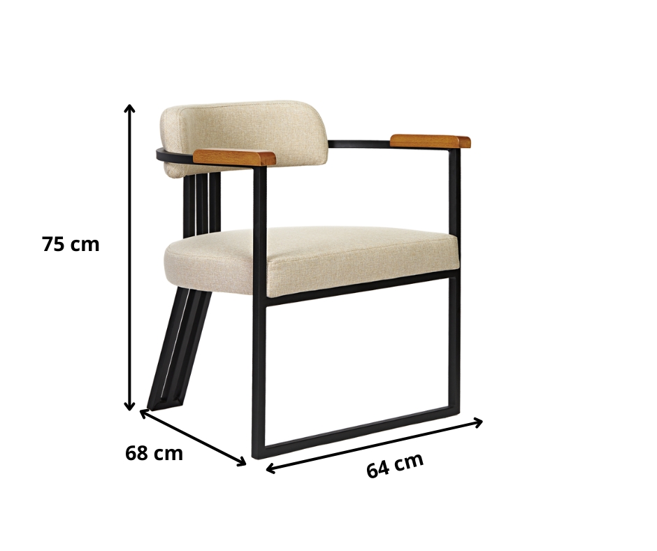 Kit 02 Poltronas Oregon Braço Madeira Linho Bege Estrutura Preto Fosco