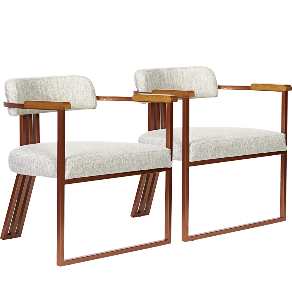 Kit 02 Poltronas Oregon Braço Madeira Linho Marfim Estrutura Bronze