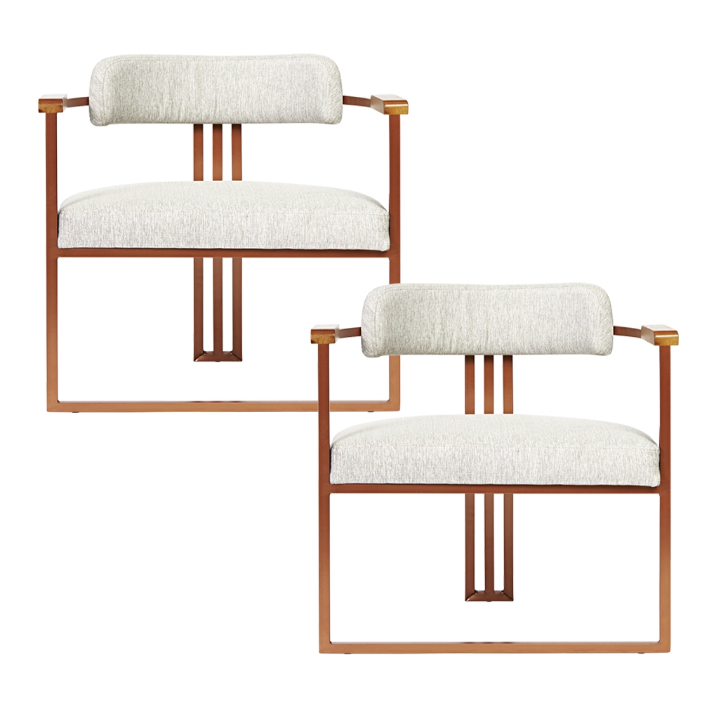 Kit 02 Poltronas Oregon Braço Madeira Linho Marfim Estrutura Bronze