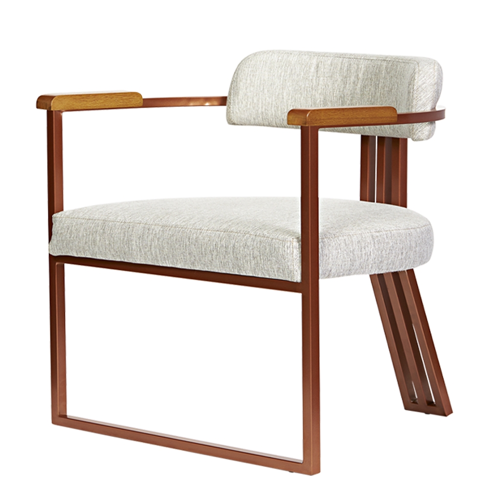 Kit 02 Poltronas Oregon Braço Madeira Linho Marfim Estrutura Bronze