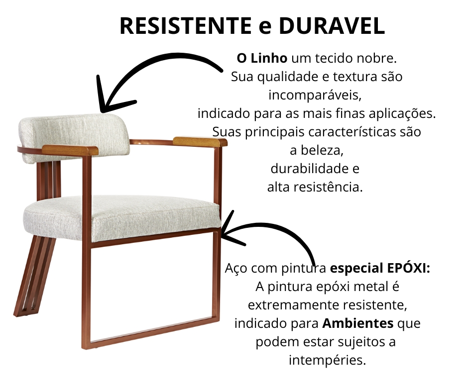 Kit 02 Poltronas Oregon Braço Madeira Linho Marfim Estrutura Bronze