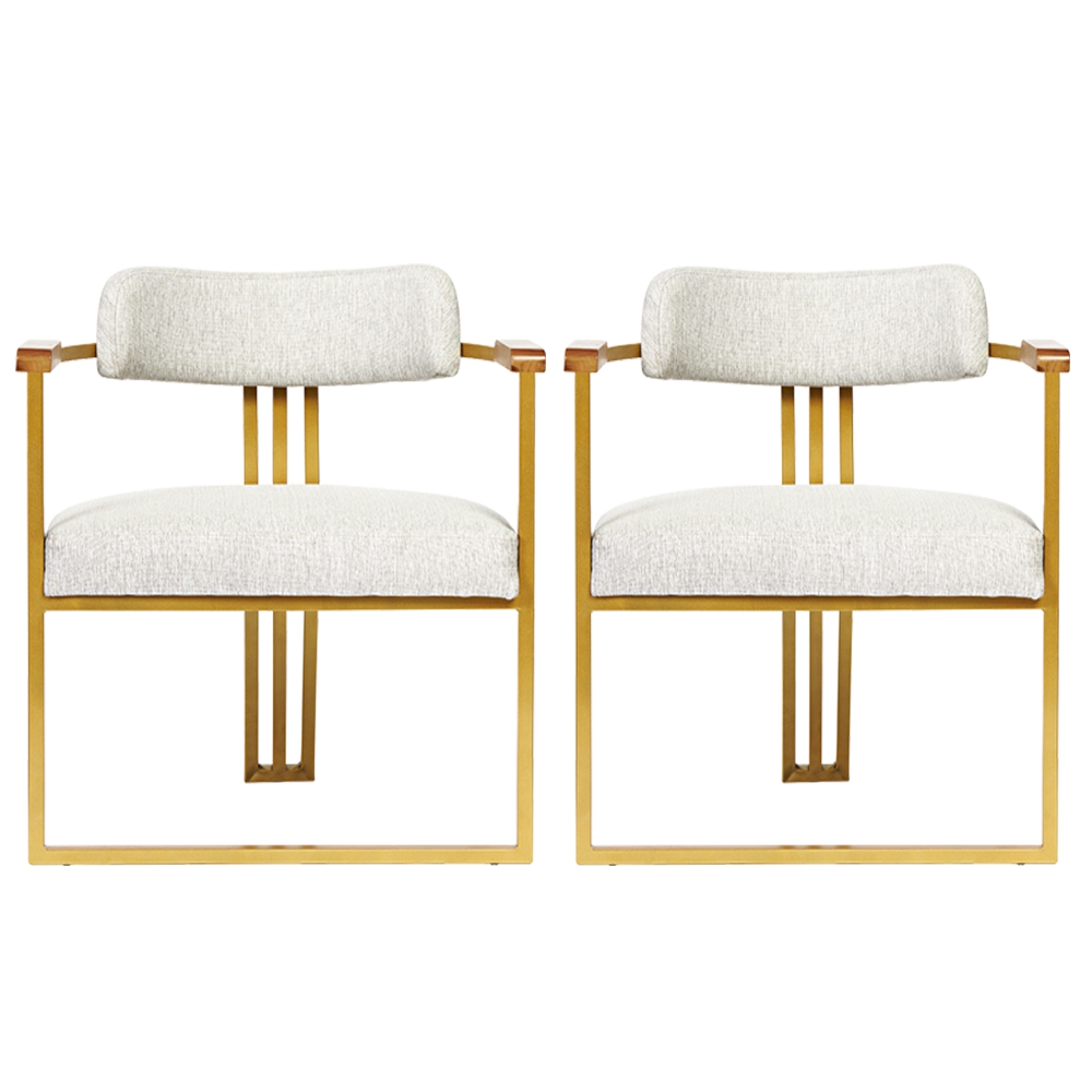 Kit 02 Poltronas Oregon Braço Madeira Linho Marfim Estrutura Dourado