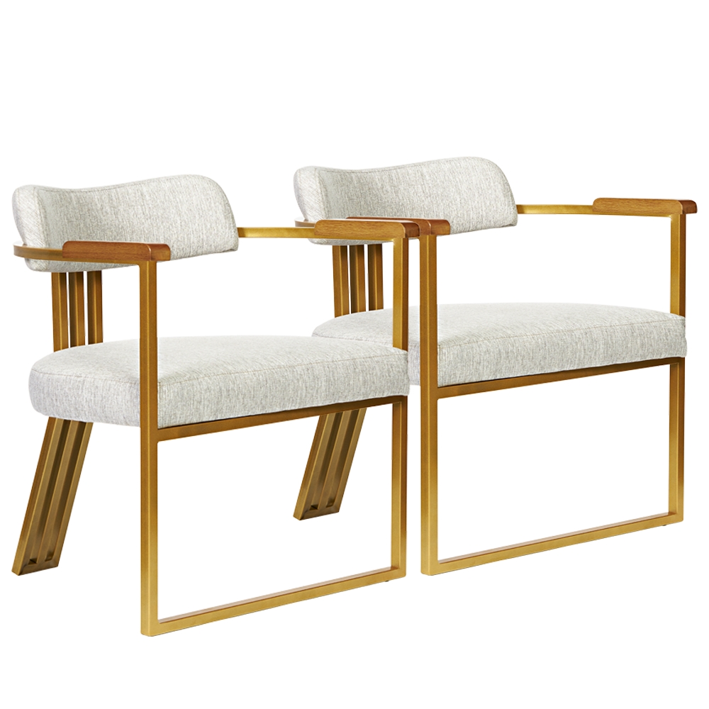 Kit 02 Poltronas Oregon Braço Madeira Linho Marfim Estrutura Dourado