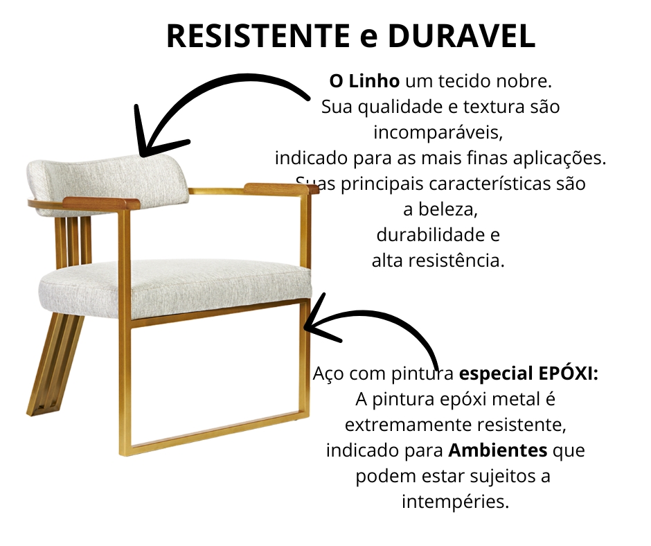 Kit 02 Poltronas Oregon Braço Madeira Linho Marfim Estrutura Dourado
