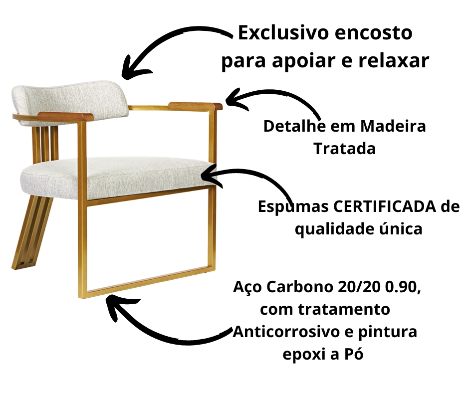 Kit 02 Poltronas Oregon Braço Madeira Linho Marfim Estrutura Dourado