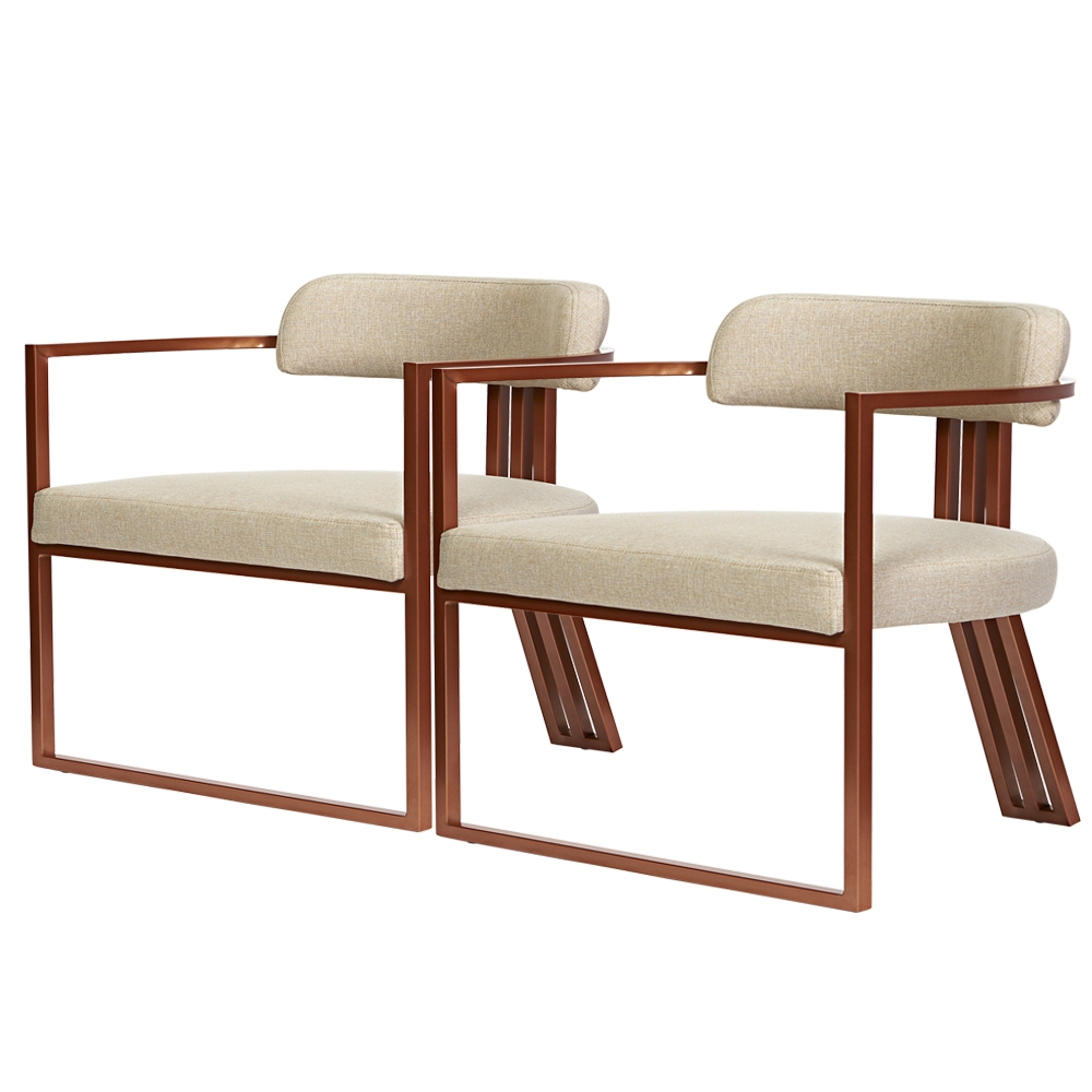 Kit 02 Poltronas Oregon Linho Bege Estrutura Bronze