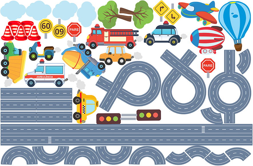 Adesivo de Parede Infantil Autocolante Carrinhos Coloridos - pista carros