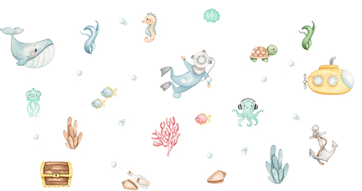 Adesivo de Parede Infantil Mergulhador em Aquarela - Fundo o Mar