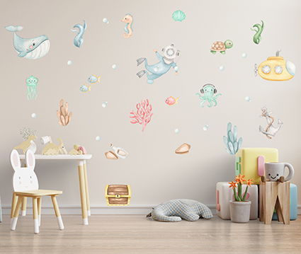 Adesivo de Parede Infantil Mergulhador em Aquarela - Fundo o Mar