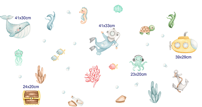Adesivo de Parede Infantil Mergulhador em Aquarela - Fundo o Mar