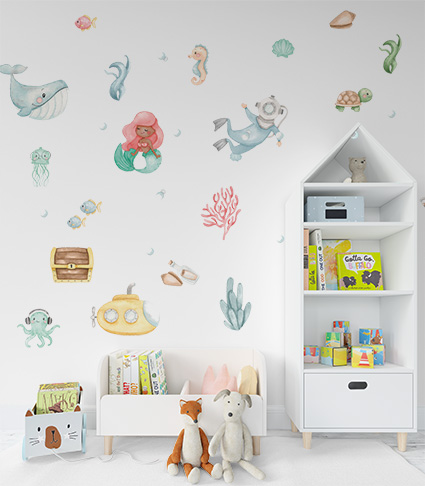 Adesivo de parede infantil autocolante Fundo do Mar em Aquarela - sereia e mergulhador