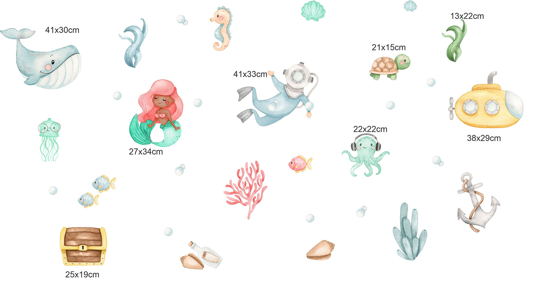 Adesivo de parede infantil autocolante Fundo do Mar em Aquarela - sereia e mergulhador