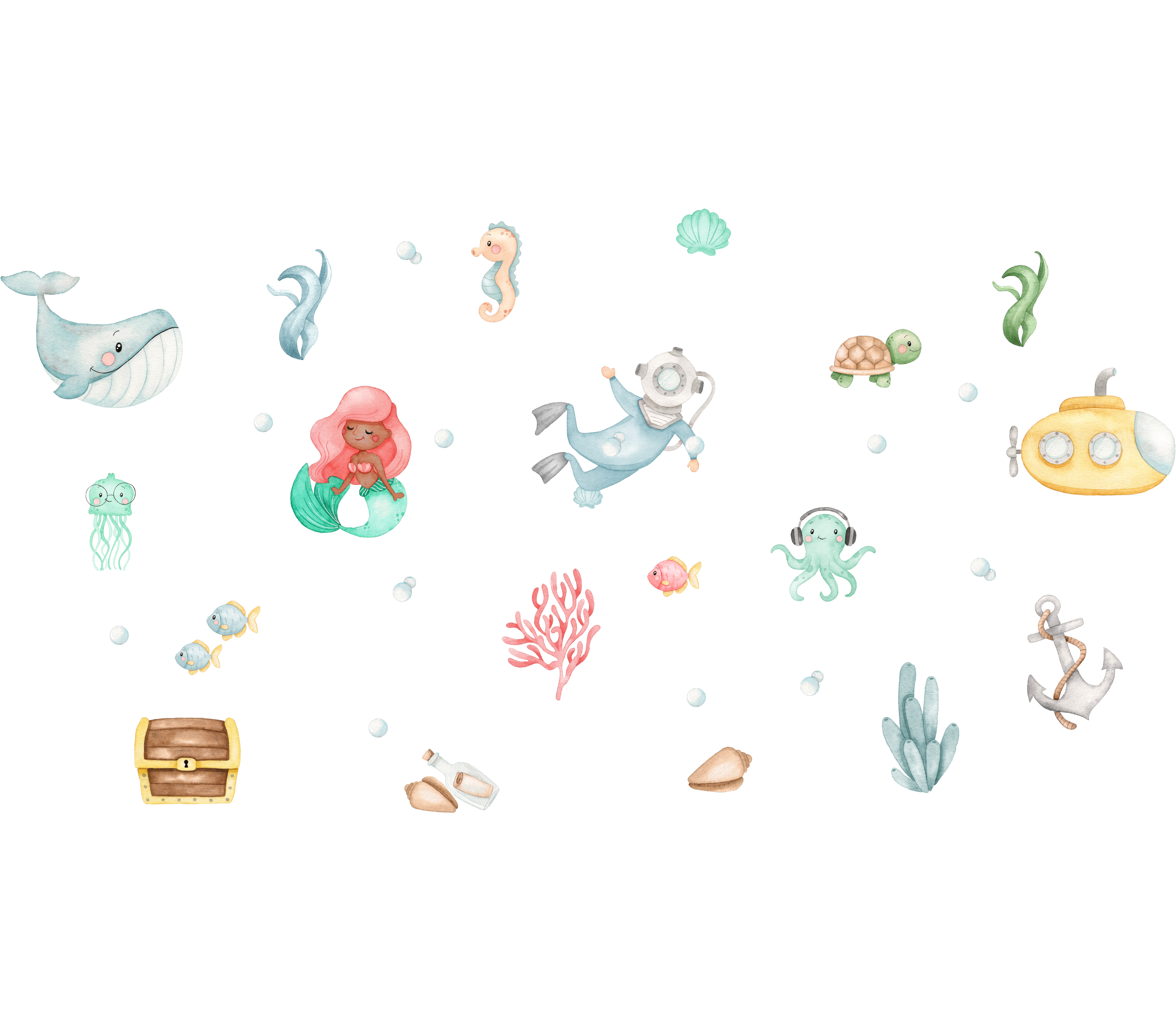 Adesivo de parede infantil autocolante Fundo do Mar em Aquarela - sereia e mergulhador
