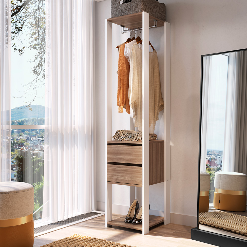 Guarda-Roupa Closet Merlin com Cabideiro 2 Gavetas Branco e Montana 183x40 cm