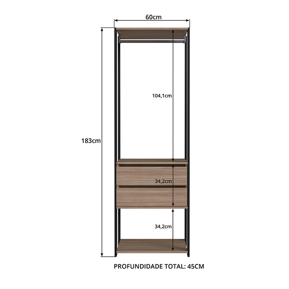 Guarda-Roupa Closet Merlin com Cabideiro 2 Gavetas Preto e Montana 183x60 cm