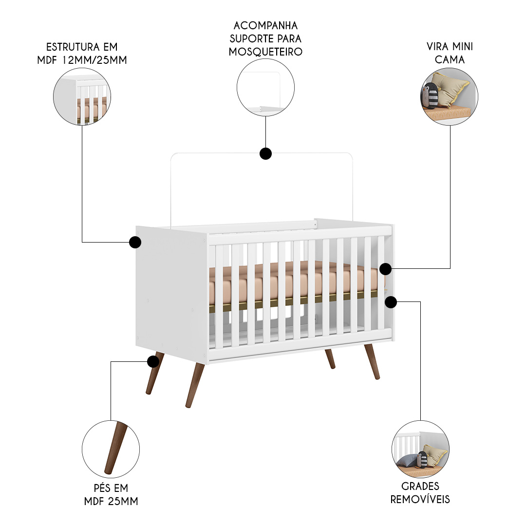 Berço Americano Mini Cama Retrô Q Encanto Branco - Qmovi