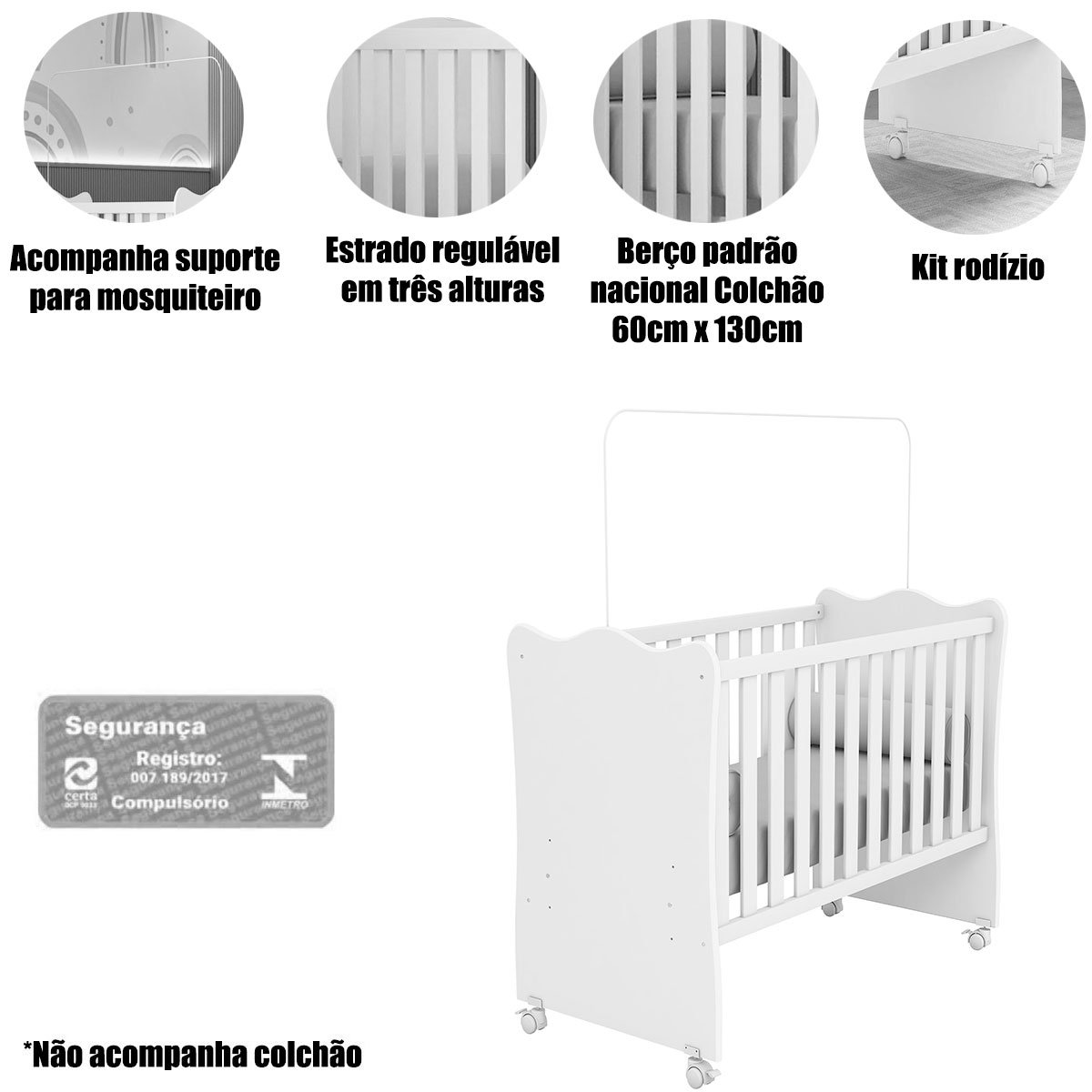 Berço Infantil MDP com Rodízios Doce Mel Branco