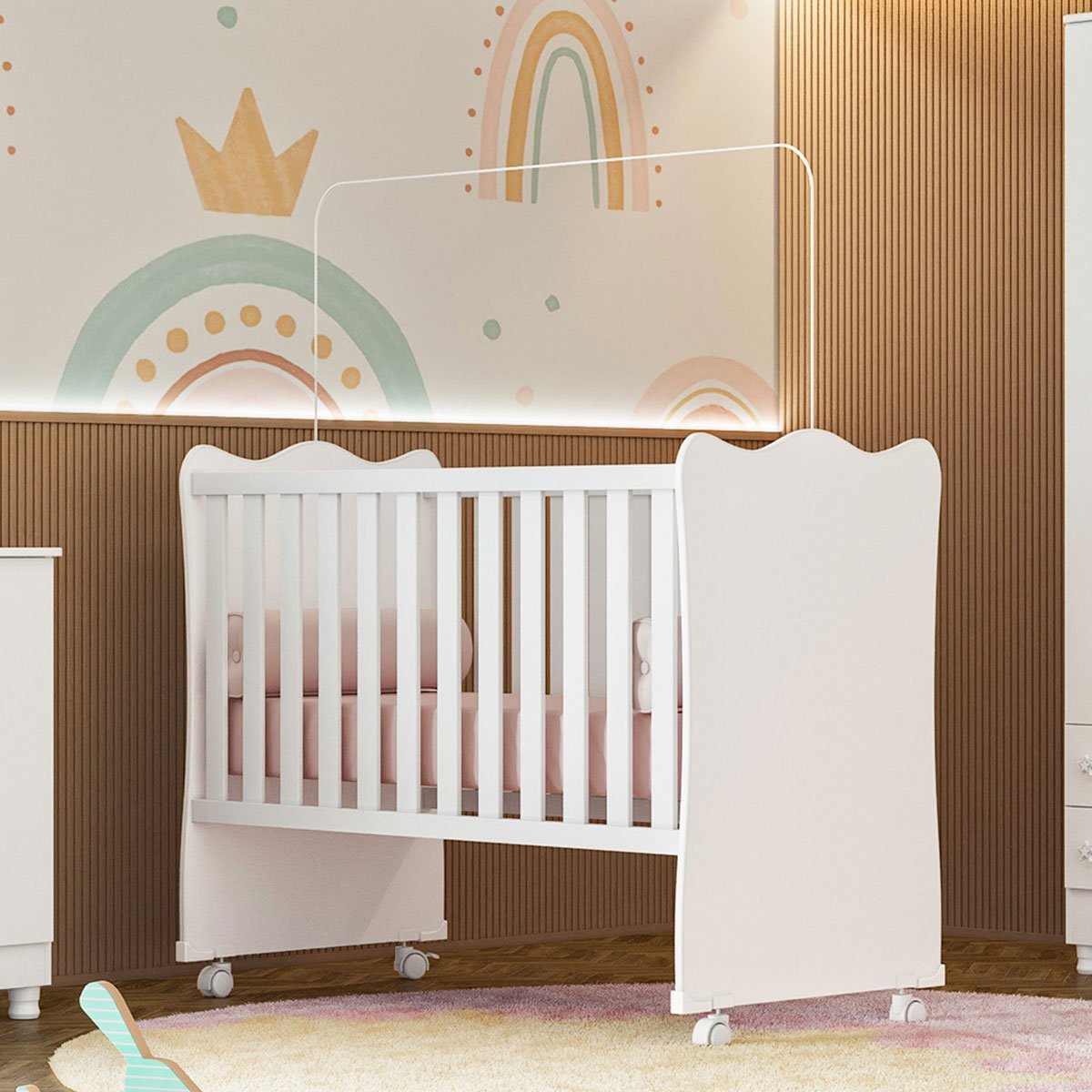 Berço Infantil MDP com Rodízios Doce Mel Branco