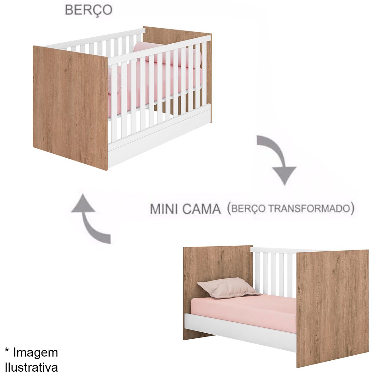 Berço Infantil Mini Cama MDP Doce Mel Carvalho/Branco