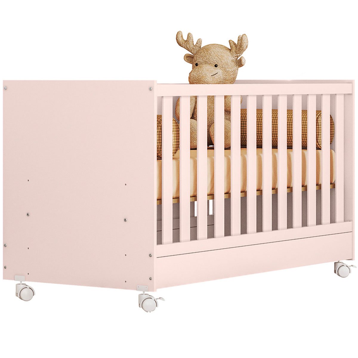 Berço Infantil Mini Cama MDP com Rodízios Doce Mel Rosa