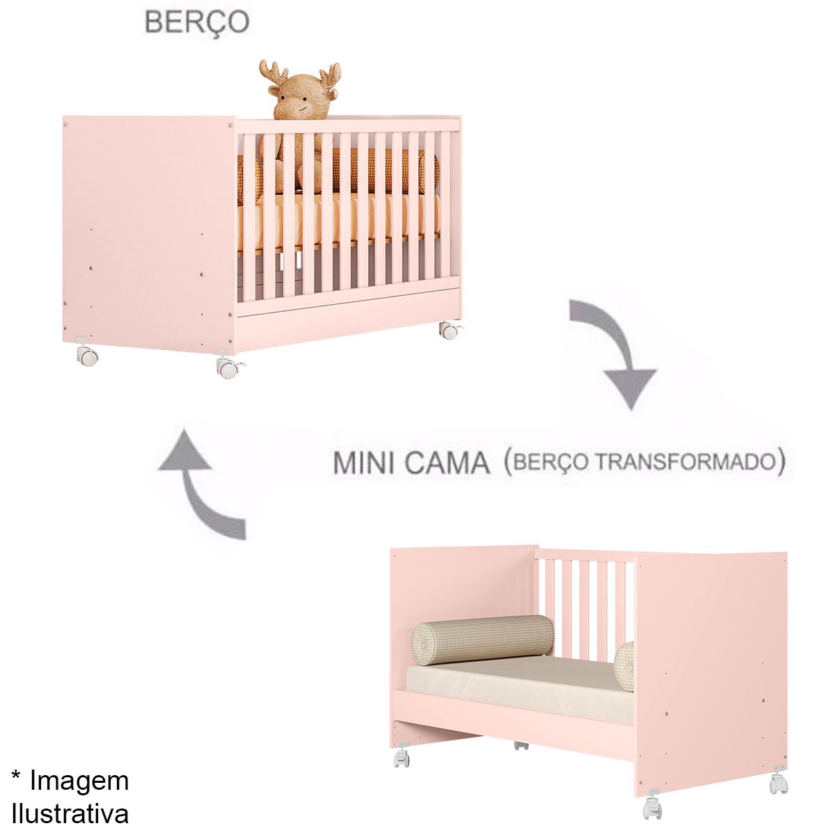 Berço Infantil Mini Cama MDP com Rodízios Doce Mel Rosa