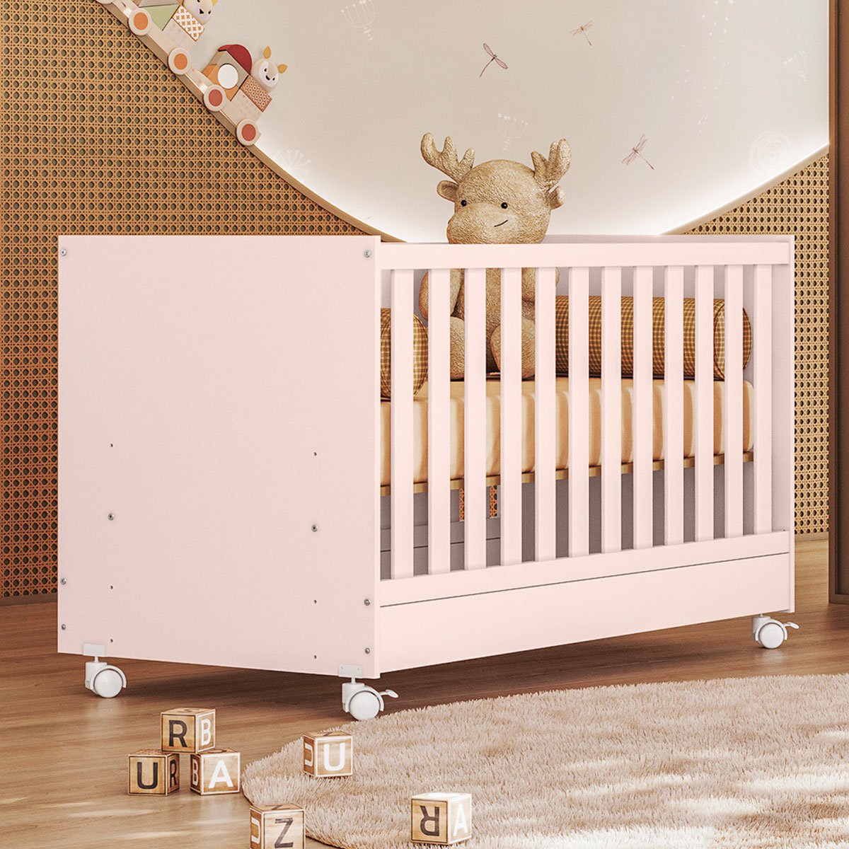 Berço Infantil Mini Cama MDP com Rodízios Doce Mel Rosa