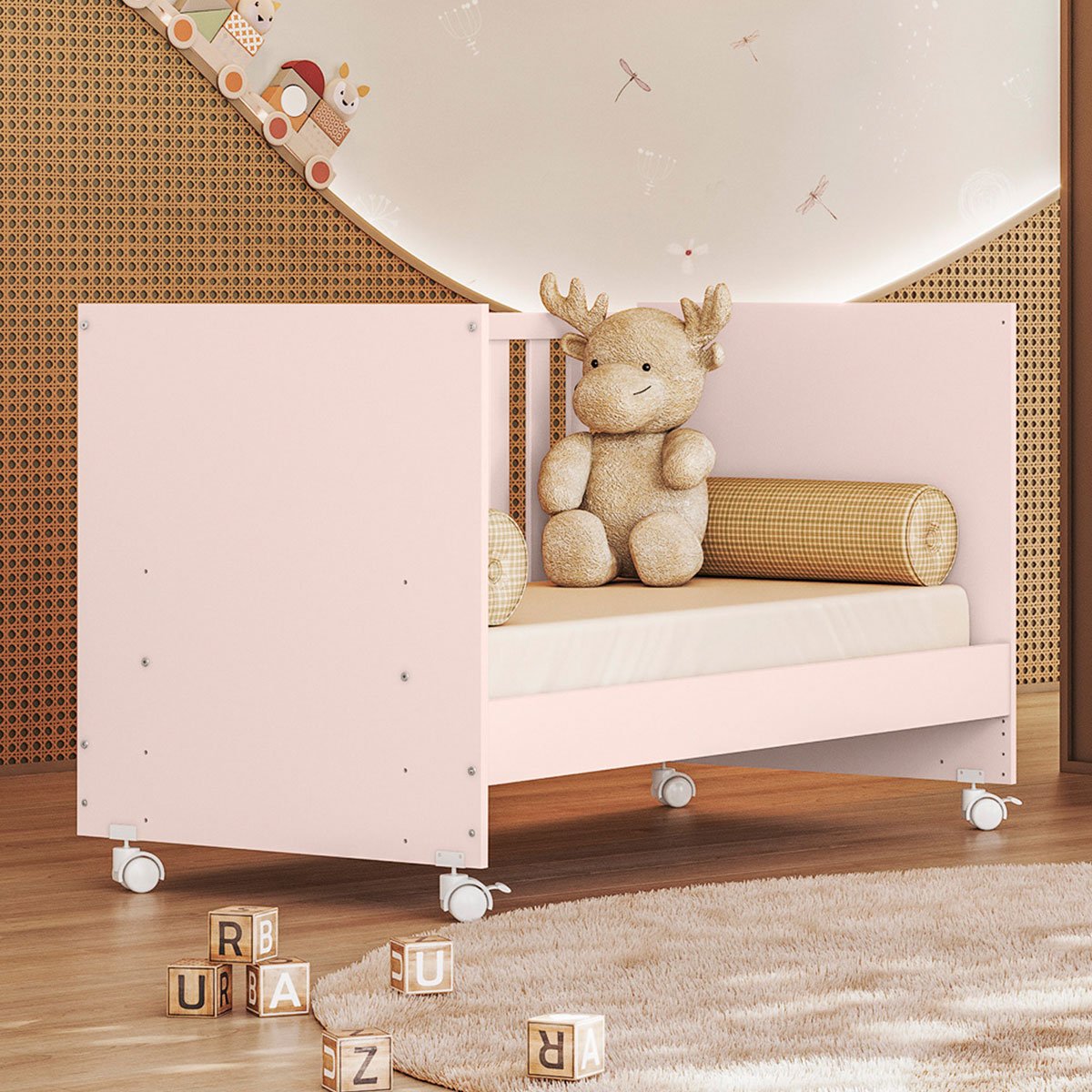 Berço Infantil Mini Cama MDP com Rodízios Doce Mel Rosa