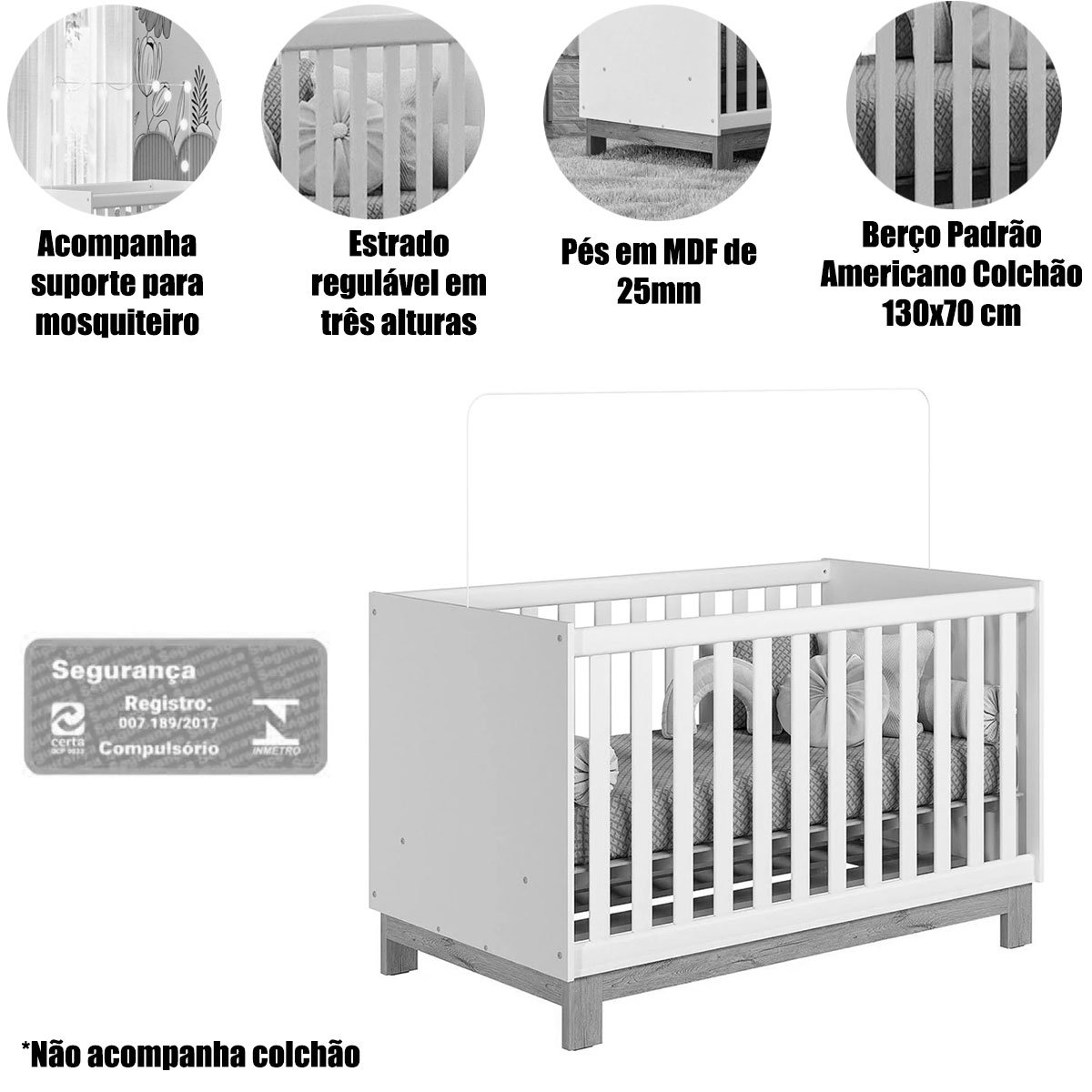Berço Infantil Mini Cama MDP/MDF Feitiço Branco Acetinado