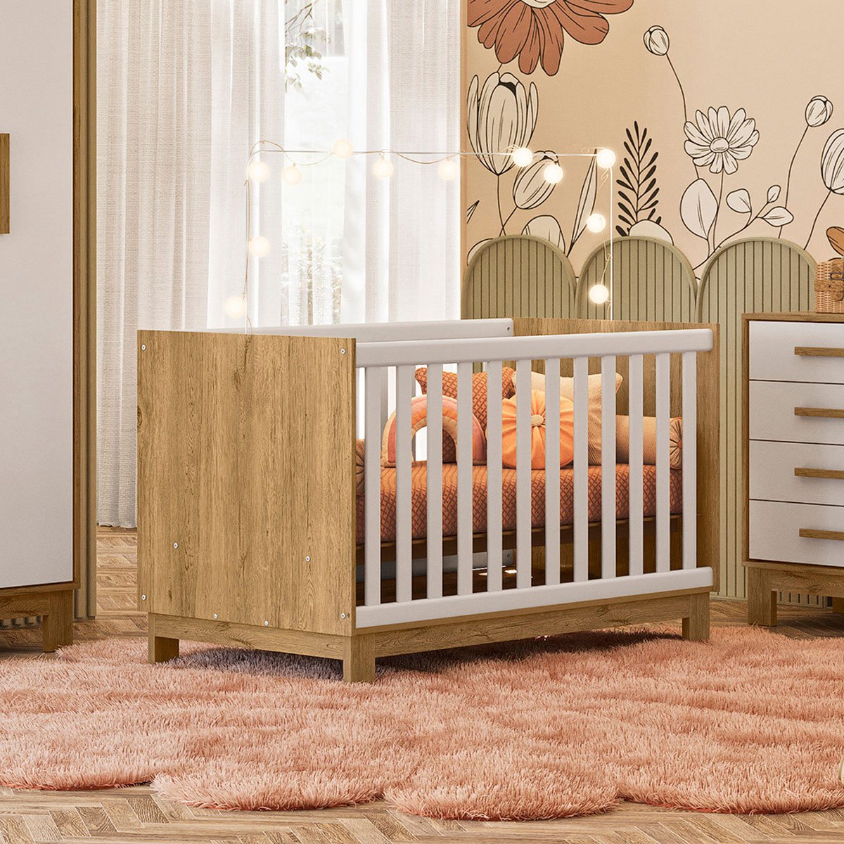 Berço Infantil Mini Cama MDP/MDF Feitiço Freijó/Branco Acetinado