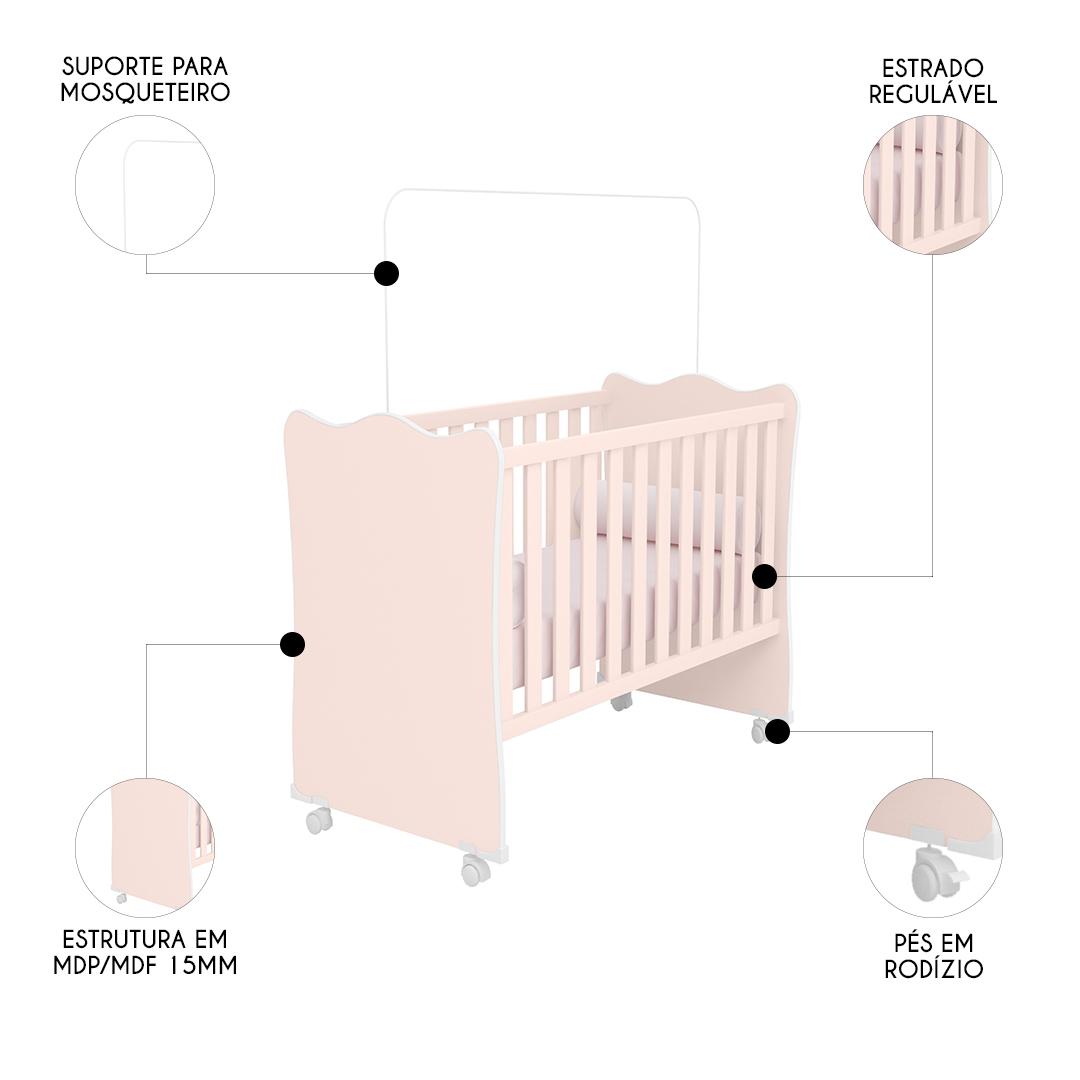Berço Simples Com Rodízios Doce Sonho Rosa - Qmovi