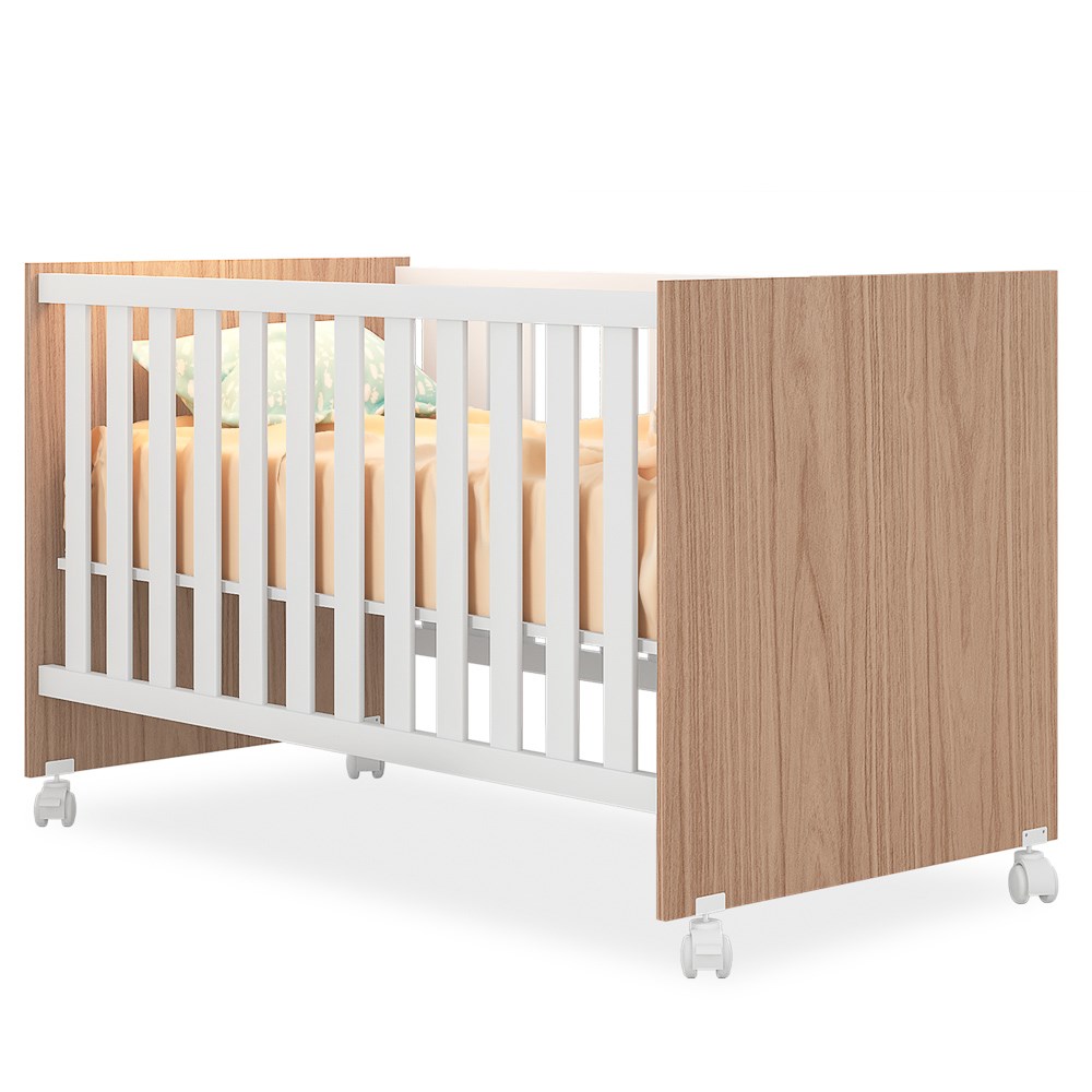 Berço que Vira Mini Cama Doce Sonho com Rodizios Carvalho/Branco - Qmovi