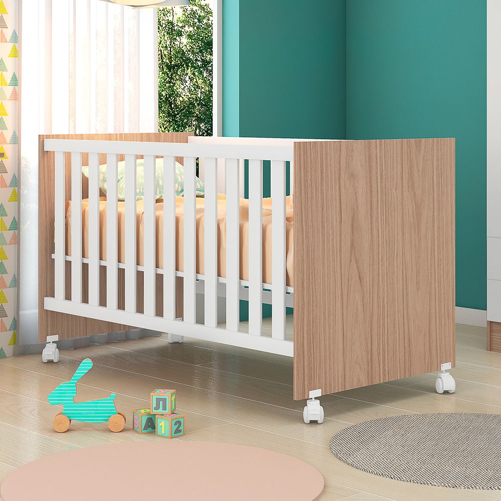 Berço que Vira Mini Cama Doce Sonho com Rodizios Carvalho/Branco - Qmovi