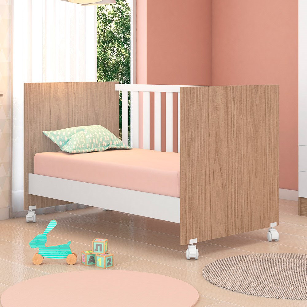 Berço que Vira Mini Cama Doce Sonho com Rodizios Carvalho/Branco - Qmovi