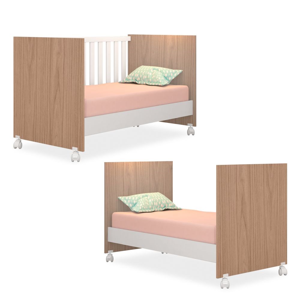 Berço que Vira Mini Cama Doce Sonho com Rodizios Carvalho/Branco - Qmovi