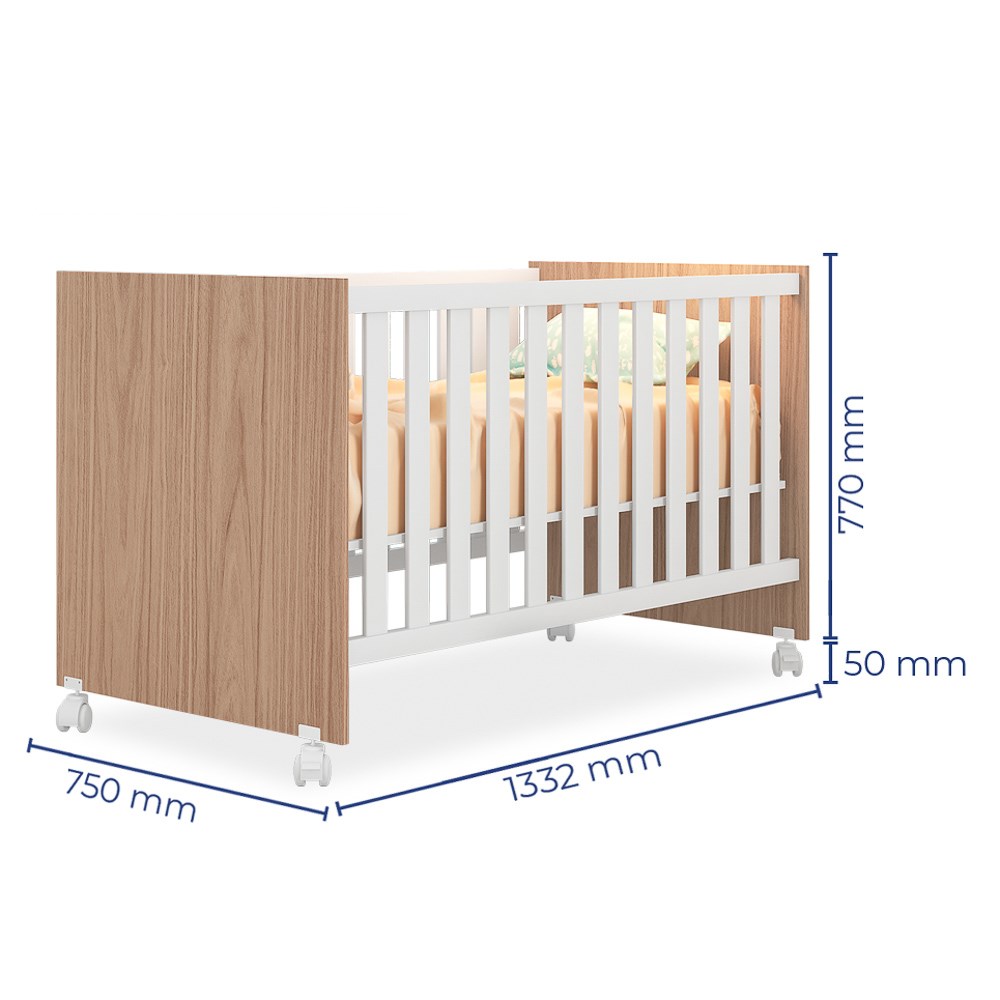 Berço que Vira Mini Cama Doce Sonho com Rodizios Carvalho/Branco - Qmovi