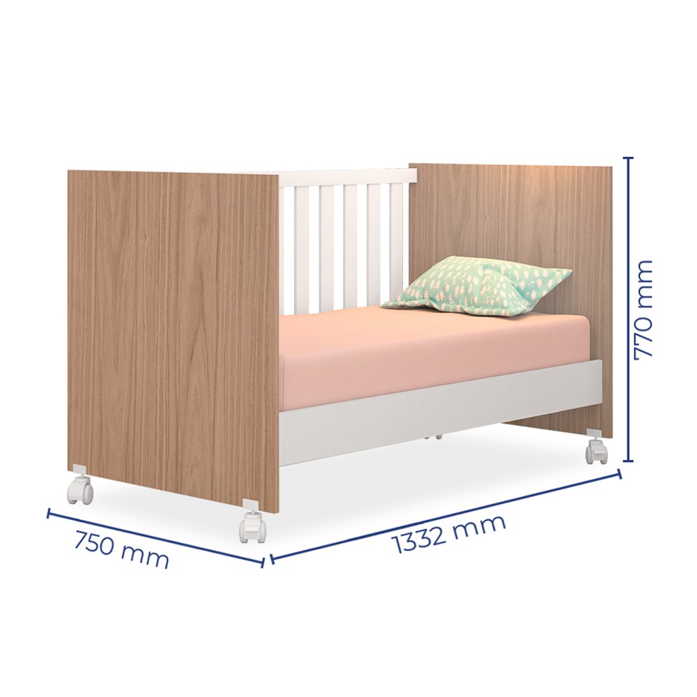 Berço que Vira Mini Cama Doce Sonho com Rodizios Carvalho/Branco - Qmovi
