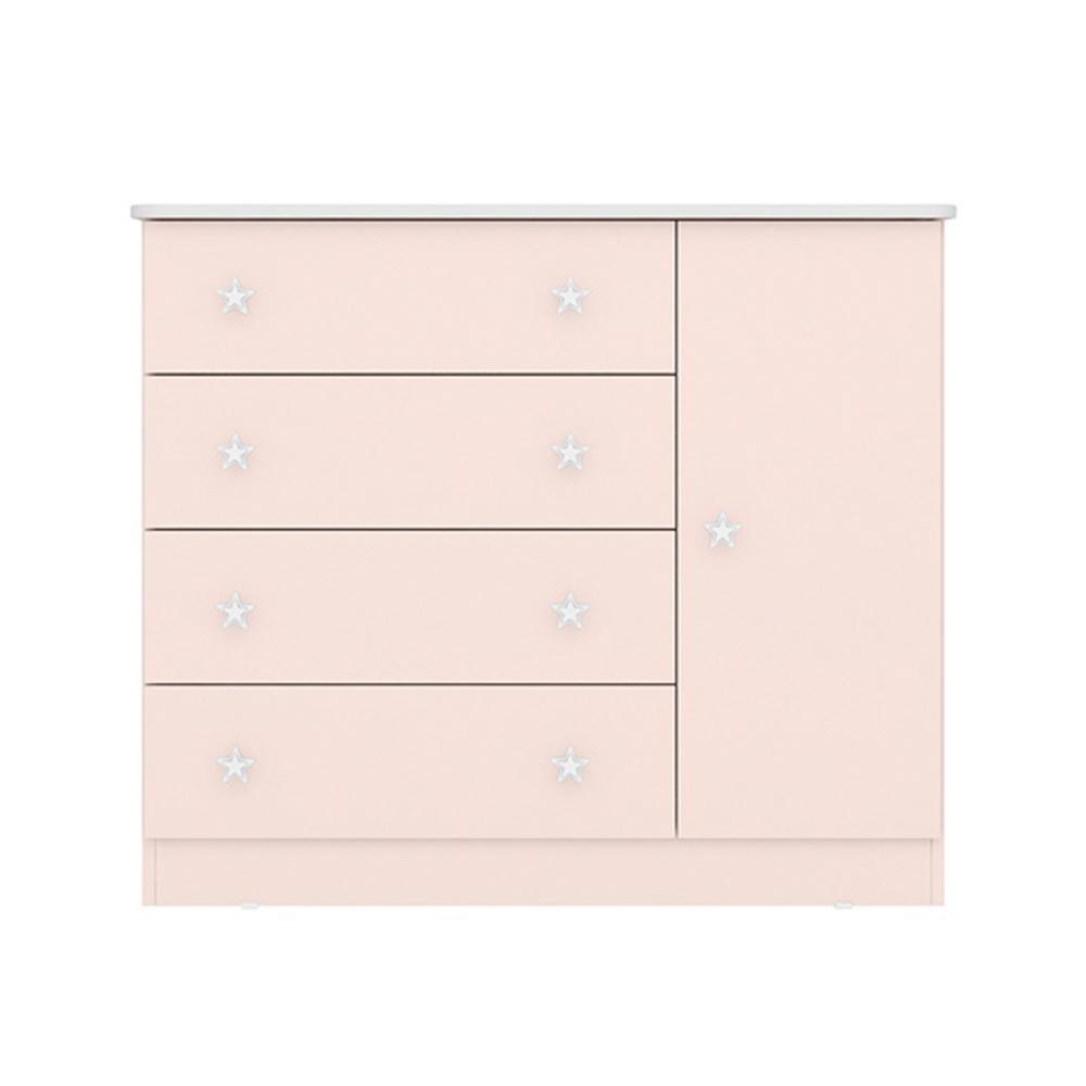 Cômoda Infantil 1 Porta e 4 Gavetas Doce Sonho Rosa Acetinado - Qmovi