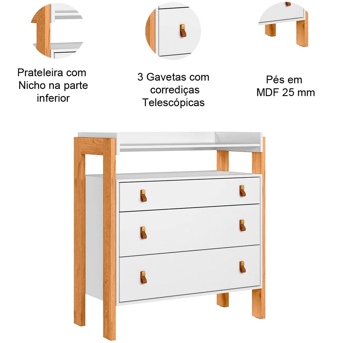 Cômoda Infantil 3 Gavetas com Nicho Fofura Branco Acetinado