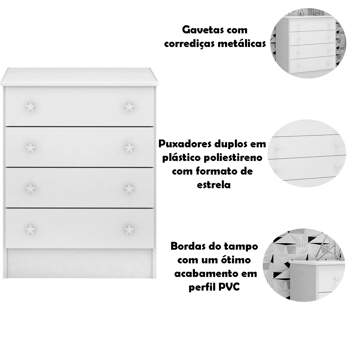 Cômoda Infantil 4 Gavetas MDP Doce Mel Branco