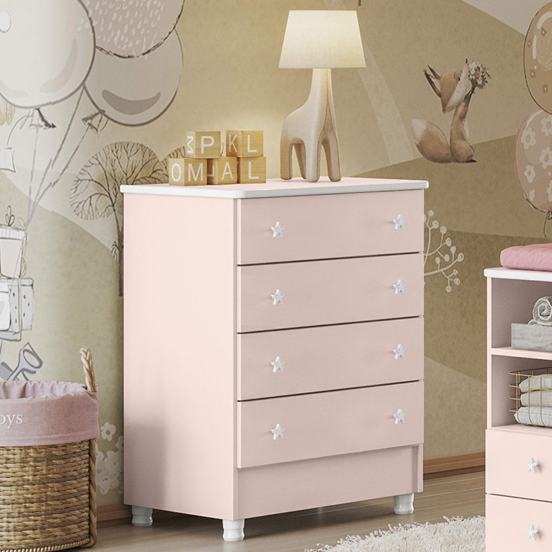 Cômoda Infantil com 4 Gavetas Doce Sonho Rosa - Qmovi
