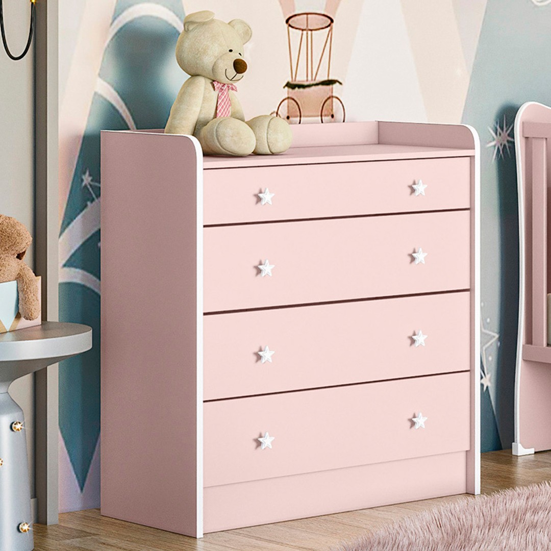 Cômoda Infantil com Trocador 4 Gavetas Doce Sonho Rosa - Qmovi