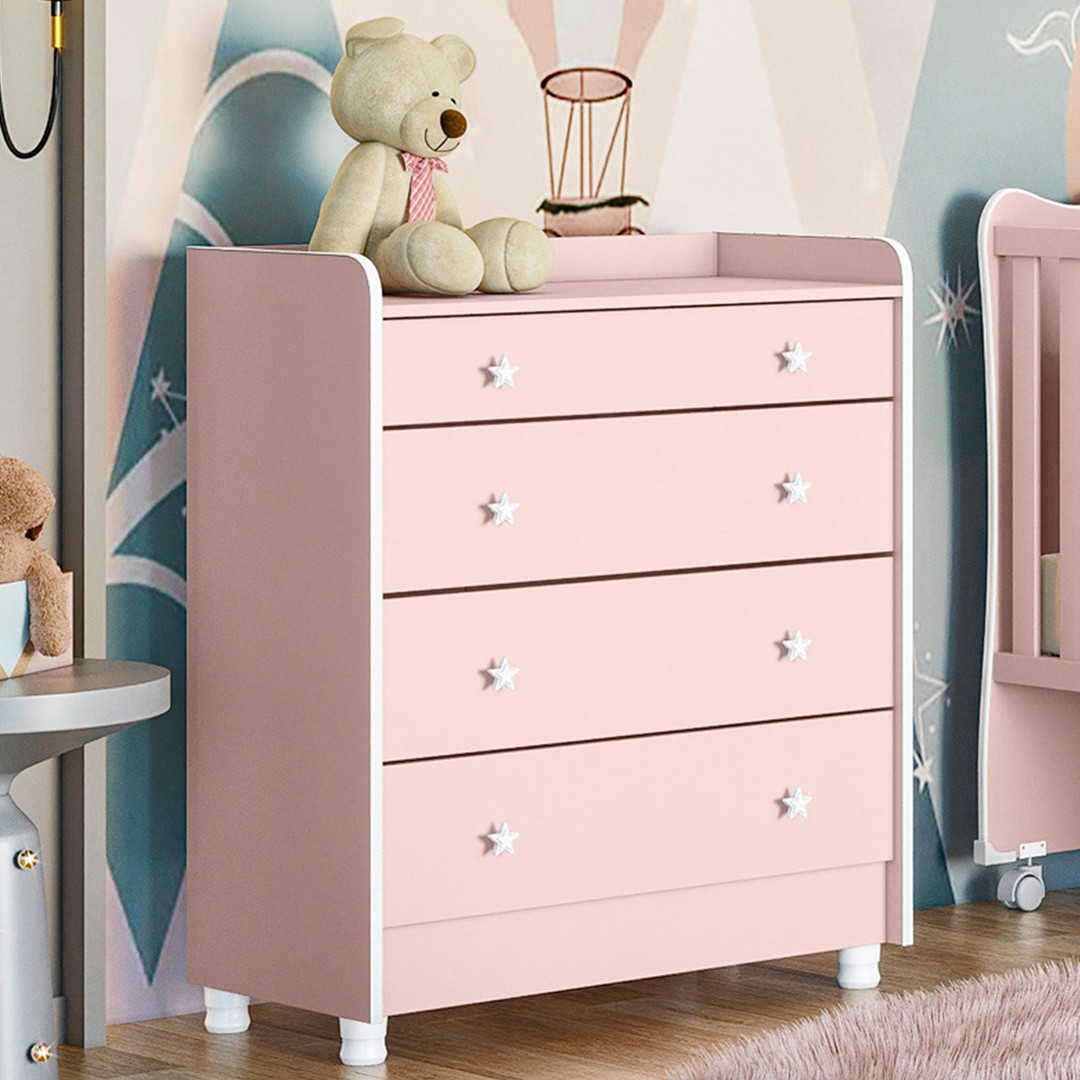 Cômoda Infantil com Trocador 4 Gavetas Doce Sonho Rosa - Qmovi