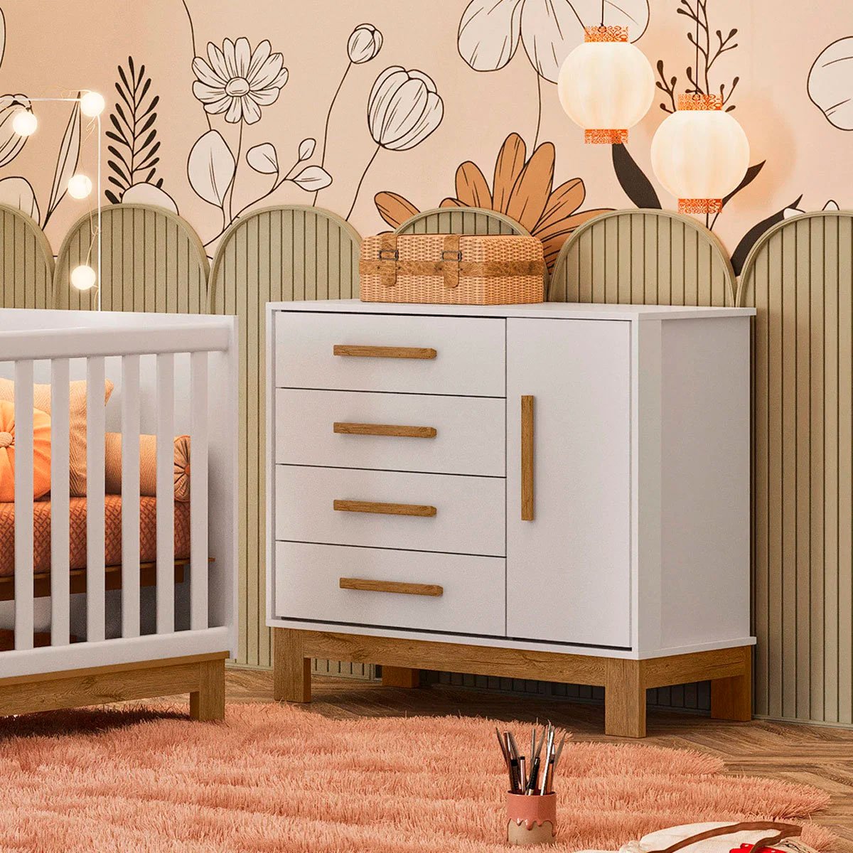 Cômoda Sapateira Infantil 1 Porta 4 Gavetas Feitiço Branco Acetinado