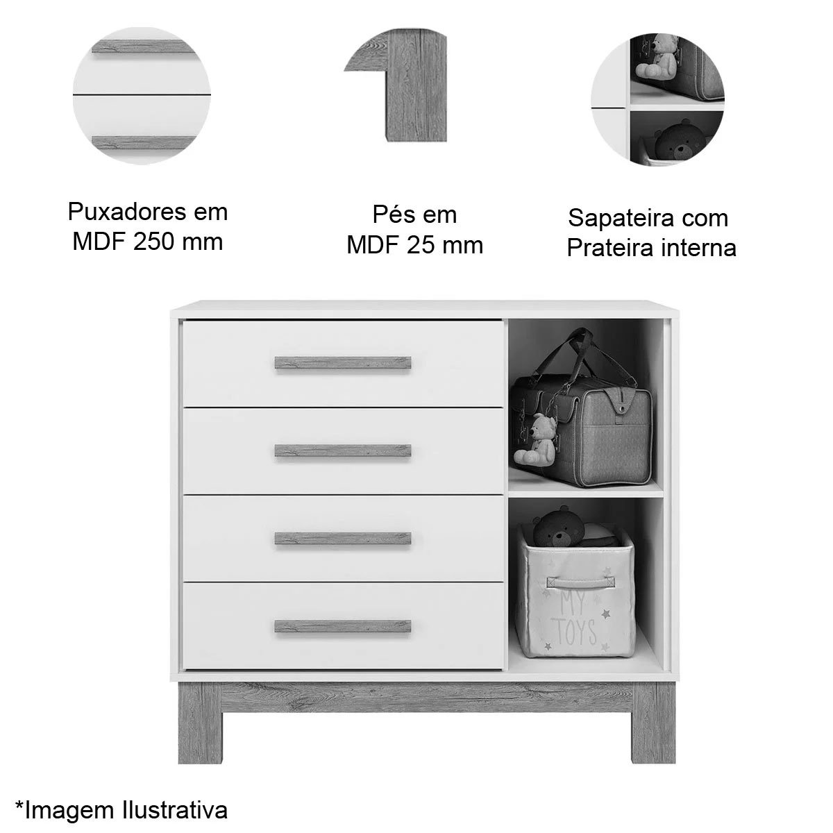 Cômoda Sapateira Infantil 1 Porta 4 Gavetas Feitiço Freijó/Branco Acetinado