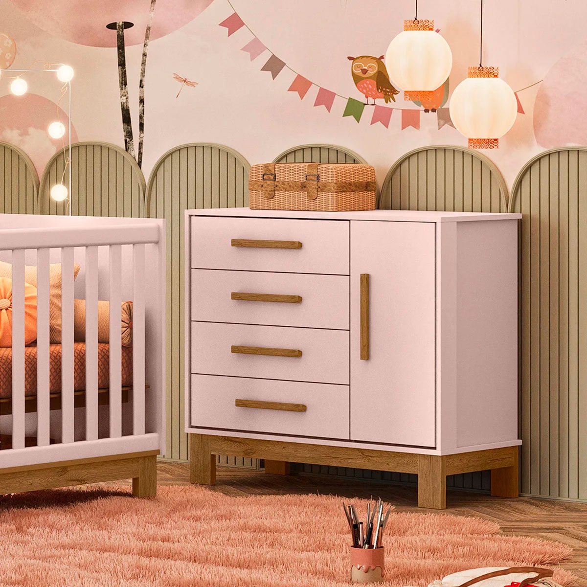 Cômoda Sapateira Infantil 1 Porta 4 Gavetas Feitiço Rosa