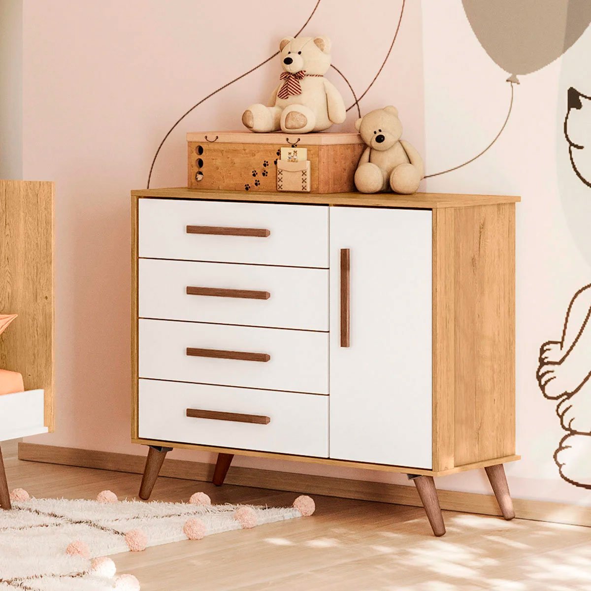 Cômoda Sapateira Infantil 1 Porta 4 Gavetas Magia Freijó/Branco Acetinado