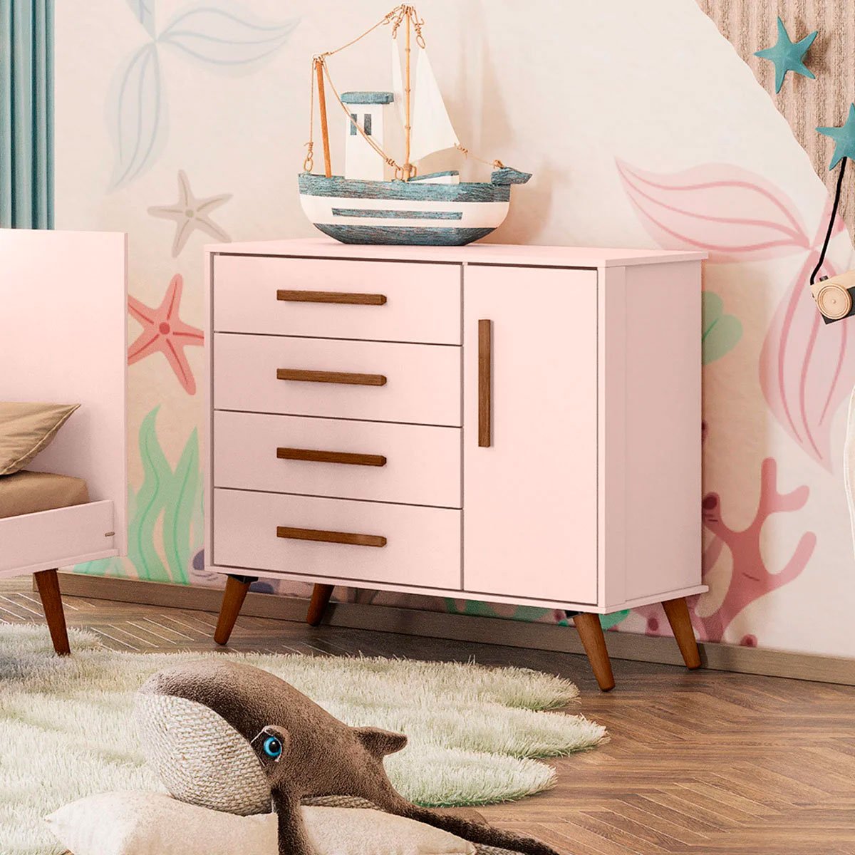 Cômoda Sapateira Infantil 1 Porta 4 Gavetas Magia Rosa
