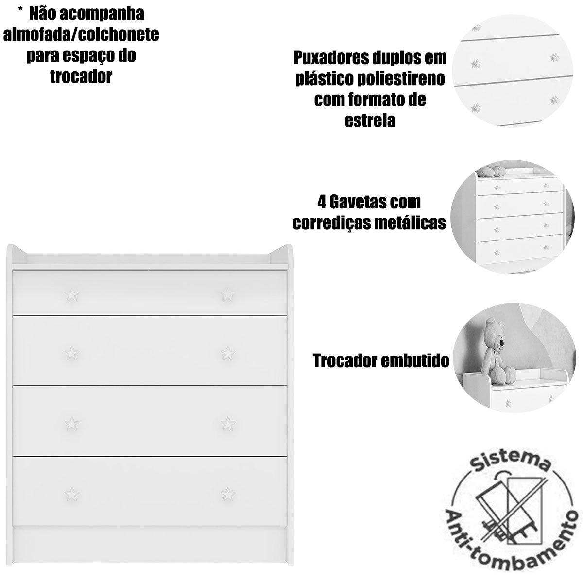 Cômoda com Trocador Infantil 4 Gavetas Doce Mel Branco